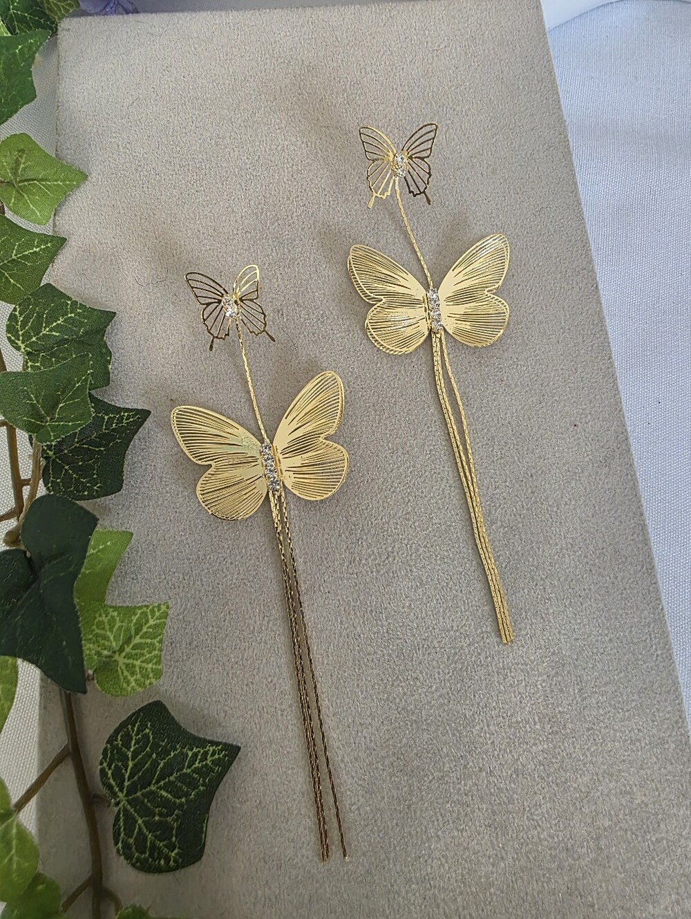 Gold Filled Wireframe Double Butterfly Dangle Drop Statement Earrings CZ